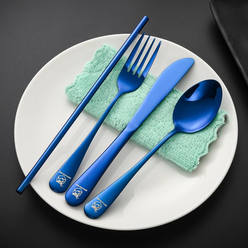Boulder Bee | Travel Utensils Set | Reusable Camping Cutlery Set | Stainless Steel Flatware Set | Portable Silverware Set with Case | Includes Knife/Fork/Spoon/Straw/Cleaning Cloth/Case (Blue) - Image 3